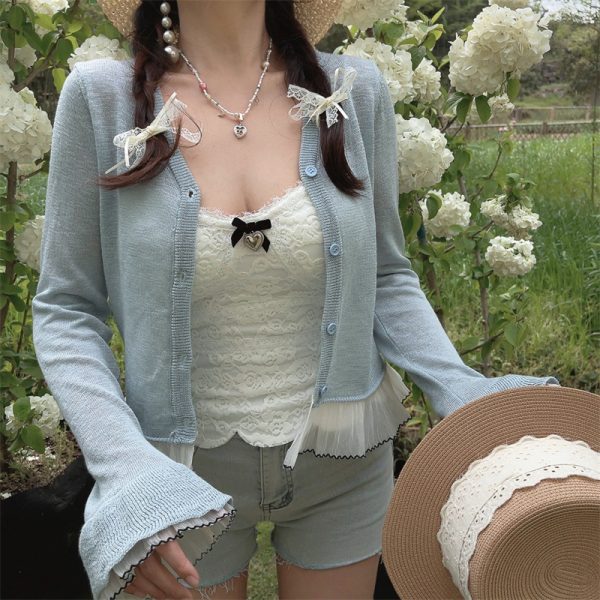 Versatile Heavy-Duty Bell Sleeve Lace Fairy Knitted Cardigan - Sun Protection Air Conditioning Shirt for Stylish Layering