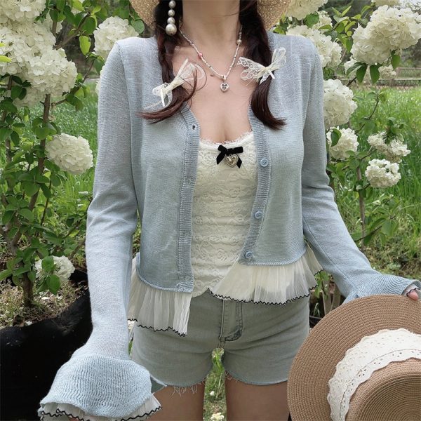 Versatile Heavy-Duty Bell Sleeve Lace Fairy Knitted Cardigan - Sun Protection Air Conditioning Shirt for Stylish Layering