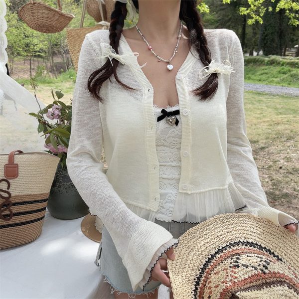 Versatile Heavy-Duty Bell Sleeve Lace Fairy Knitted Cardigan - Sun Protection Air Conditioning Shirt for Stylish Layering