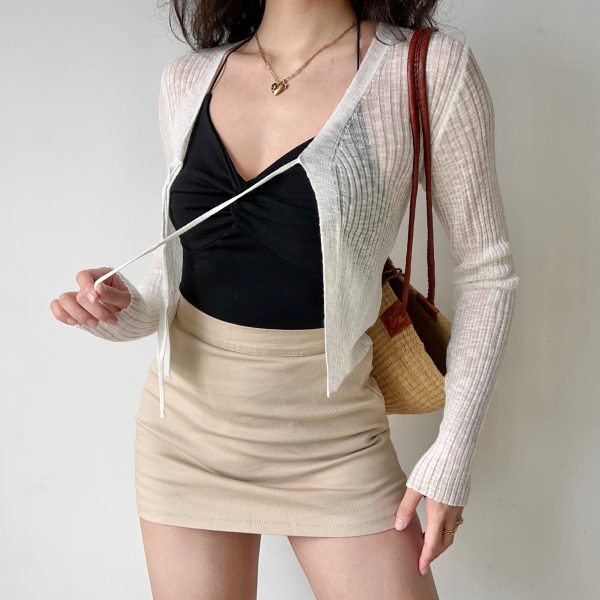 Versatile Lace-Up Thin Knit Cardigan for Women - European American Style Short Long Sleeve Top