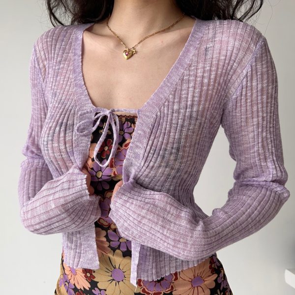 Versatile Lace-Up Thin Knit Cardigan for Women - European American Style Short Long Sleeve Top