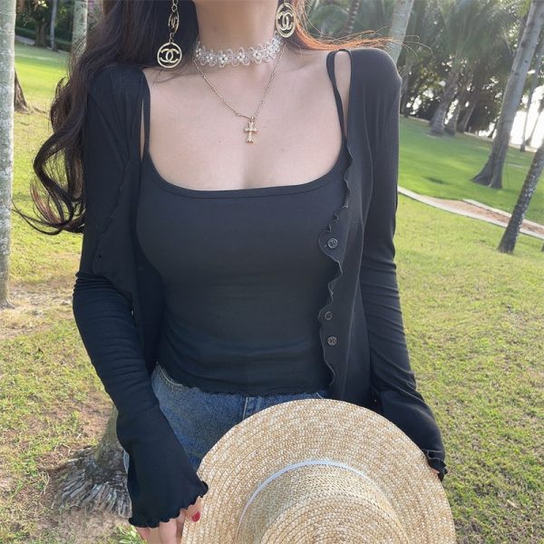 Versatile Soft Elastic Straight-Neck Camisole Cardigan Two-Piece Set with Chest Pad for Effortless Style - DIY Fashion Essential