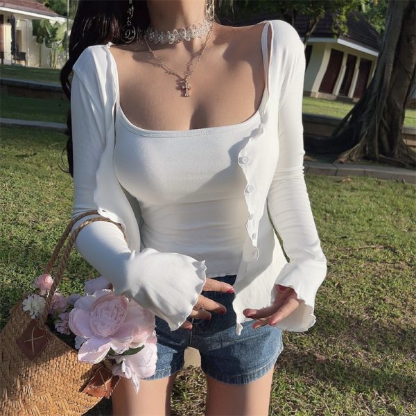 Versatile Soft Elastic Straight-Neck Camisole Cardigan Two-Piece Set with Chest Pad for Effortless Style - DIY Fashion Essential