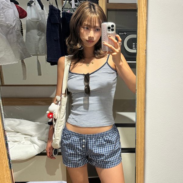 Versatile Striped Camisole and Elastic Checkered Button Low-Waist Casual Shorts Set for Effortless Summer Style