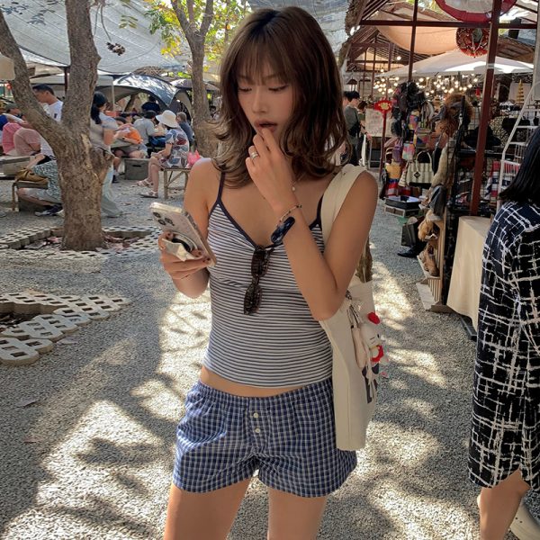Versatile Striped Camisole and Elastic Checkered Button Low-Waist Casual Shorts Set for Effortless Summer Style
