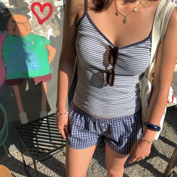 Versatile Striped Camisole and Elastic Checkered Button Low-Waist Casual Shorts Set for Effortless Summer Style