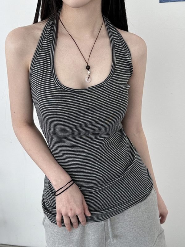 Versatile Striped Halter Backless Casual Top for Women - Slim Fit Summer Camisole, Perfect for 90s and Y2K Fashion