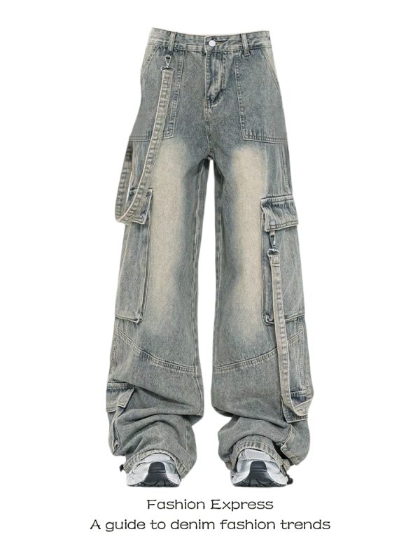 Vintage American High Street Multi-Pocket Denim Pants for Women - Loose Wide-Leg Workwear Trousers, Retro 90s Style