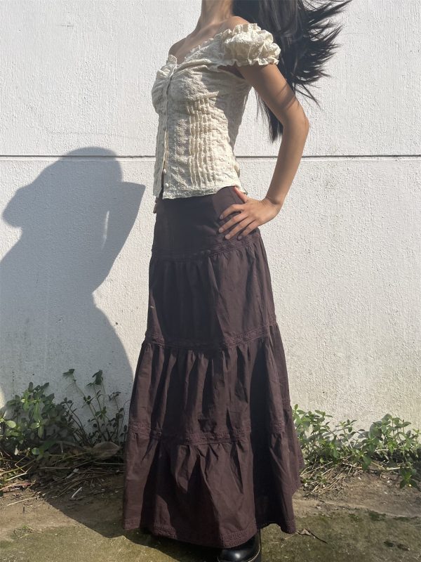 Vintage American Low-Waist Midi Skirt with French Lace Splicing - Versatile Loose Cake Skirt for Women, Y2K Style