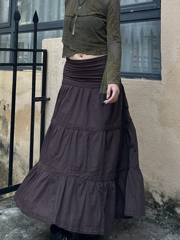 Vintage American Low-Waist Midi Skirt with French Lace Splicing - Versatile Loose Cake Skirt for Women, Y2K Style