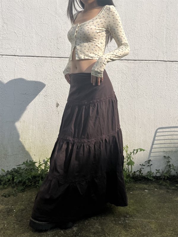 Vintage American Low-Waist Midi Skirt with French Lace Splicing - Versatile Loose Cake Skirt for Women, Y2K Style