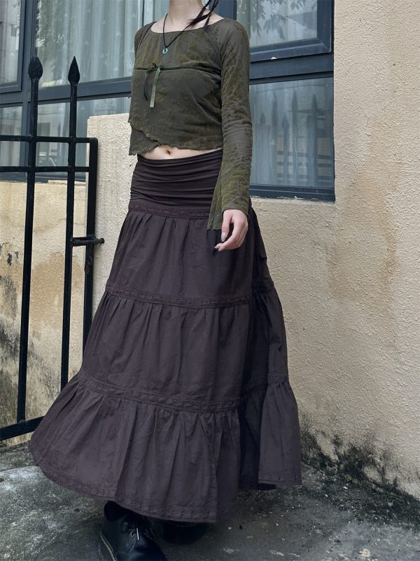 Vintage American Low-Waist Midi Skirt with French Lace Splicing - Versatile Loose Cake Skirt for Women, Y2K Style