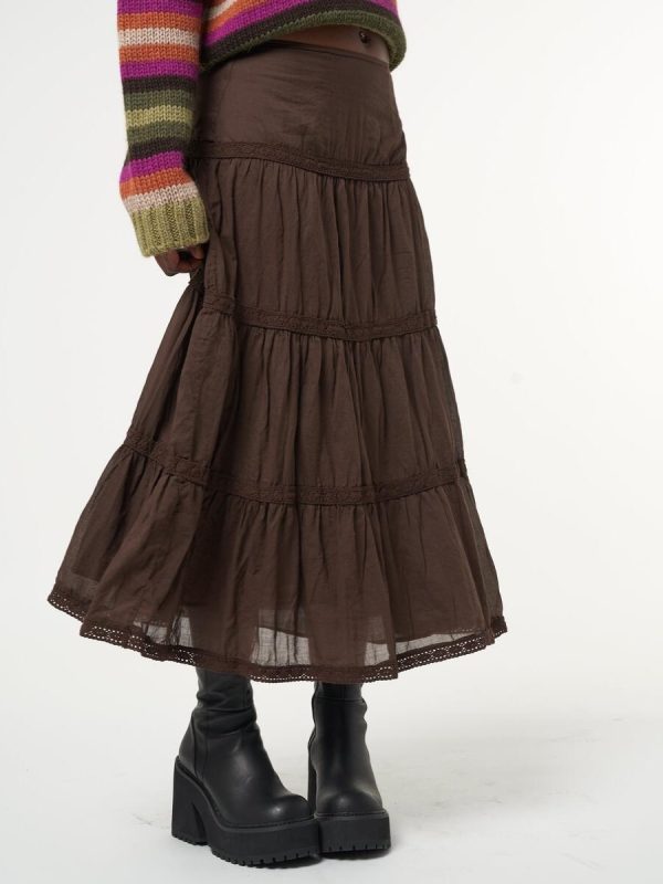 Vintage American Low-Waist Midi Skirt with French Lace Splicing - Versatile Loose Cake Skirt for Women, Y2K Style