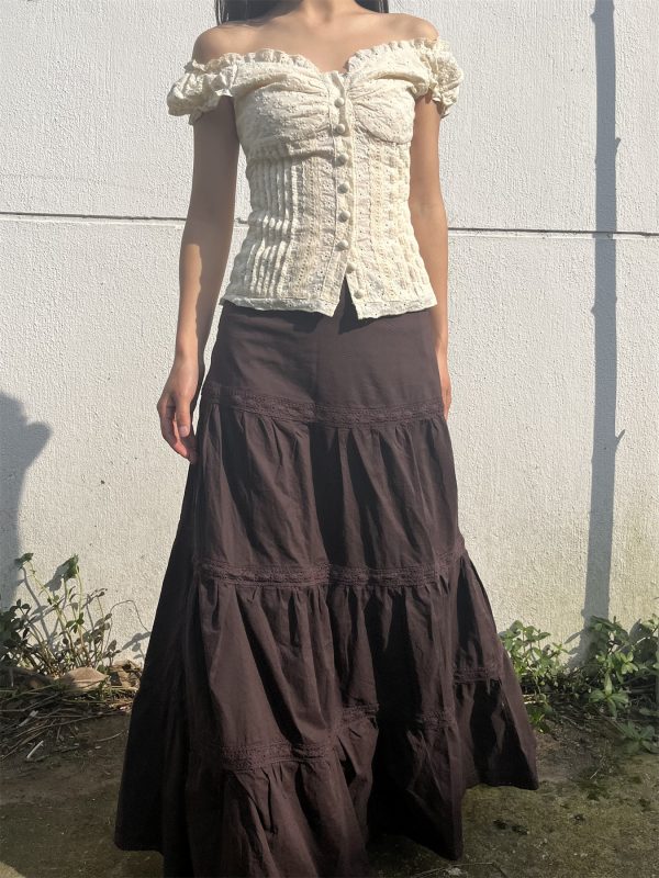 Vintage American Low-Waist Midi Skirt with French Lace Splicing - Versatile Loose Cake Skirt for Women, Y2K Style