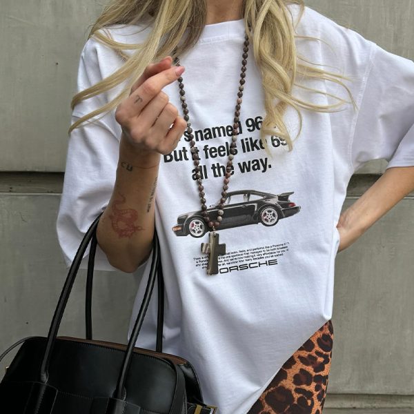 Vintage American Retro Car Pattern Oversized Short-Sleeve T-Shirt for Women - Summer Y2K Trendy Hot Girl Top