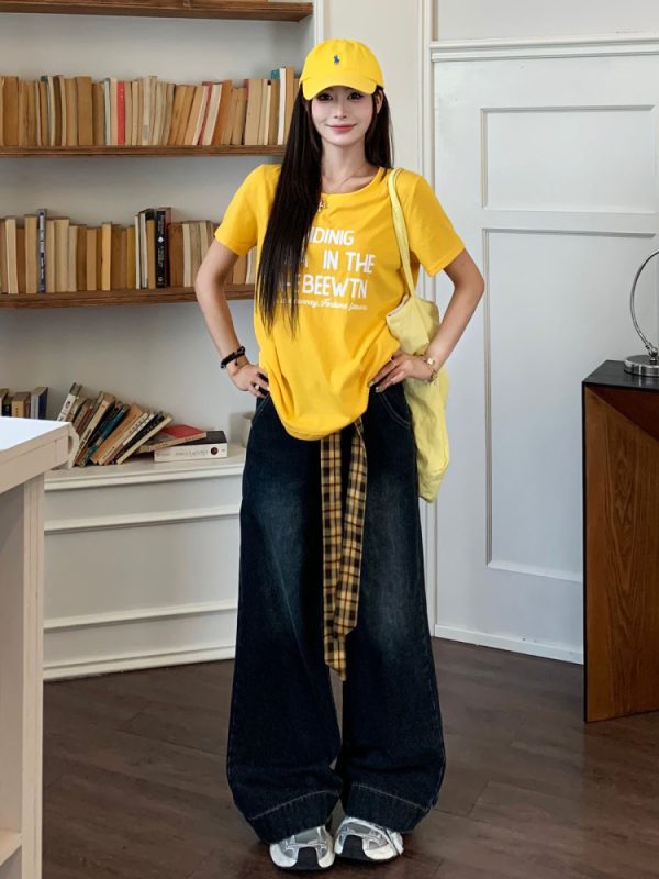 Vintage American Round Neck Printed Letter Short Sleeve T-Shirt for Women - Korean Style Summer Loose Fit Hot Girl Top