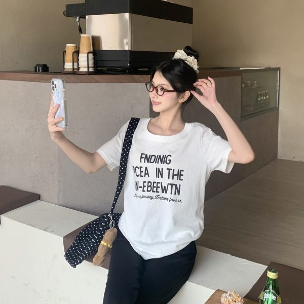 Vintage American Round Neck Printed Letter Short Sleeve T-Shirt for Women - Korean Style Summer Loose Fit Hot Girl Top