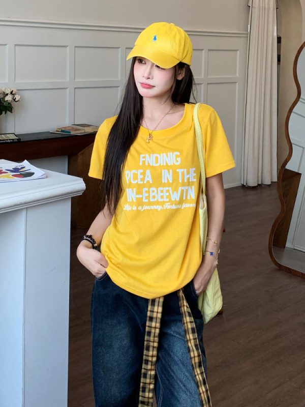 Vintage American Round Neck Printed Letter Short Sleeve T-Shirt for Women - Korean Style Summer Loose Fit Hot Girl Top