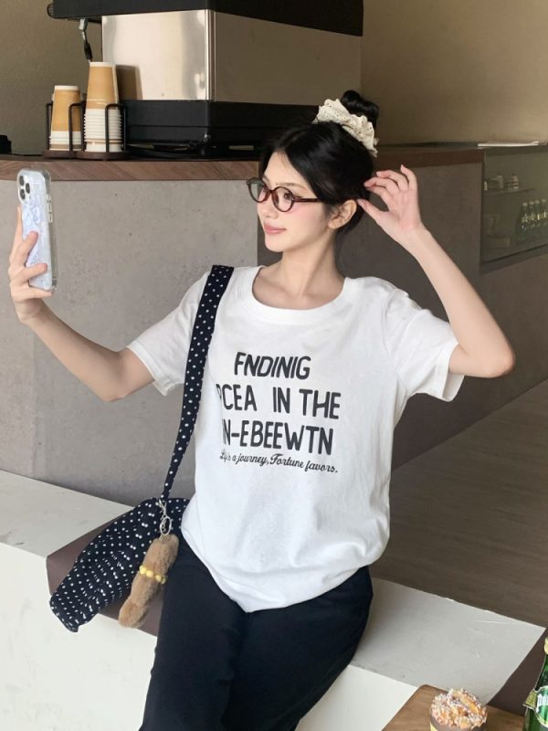 Vintage American Round Neck Printed Letter Short Sleeve T-Shirt for Women - Korean Style Summer Loose Fit Hot Girl Top