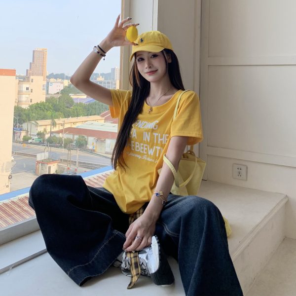 Vintage American Round Neck Printed Letter Short Sleeve T-Shirt for Women - Korean Style Summer Loose Fit Hot Girl Top
