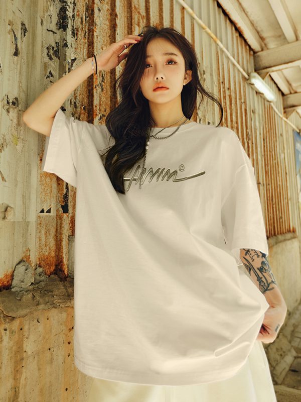 Vintage American Streetwear Letter Embroidery Short Sleeve T-Shirt - Heavyweight Loose Fit Unisex Summer 2025 Fashion Essential