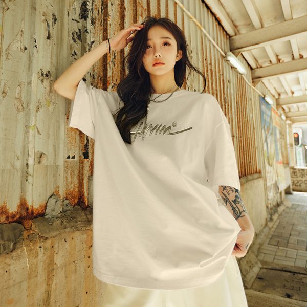 Vintage American Streetwear Letter Embroidery Short Sleeve T-Shirt - Heavyweight Loose Fit Unisex Summer 2025 Fashion Essential