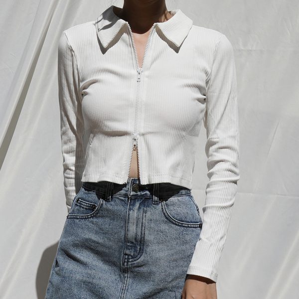 Vintage American Style High-Waisted Ribbed Long Sleeve T-Shirt Cardigan with Double-Head Zipper and Small Lapel