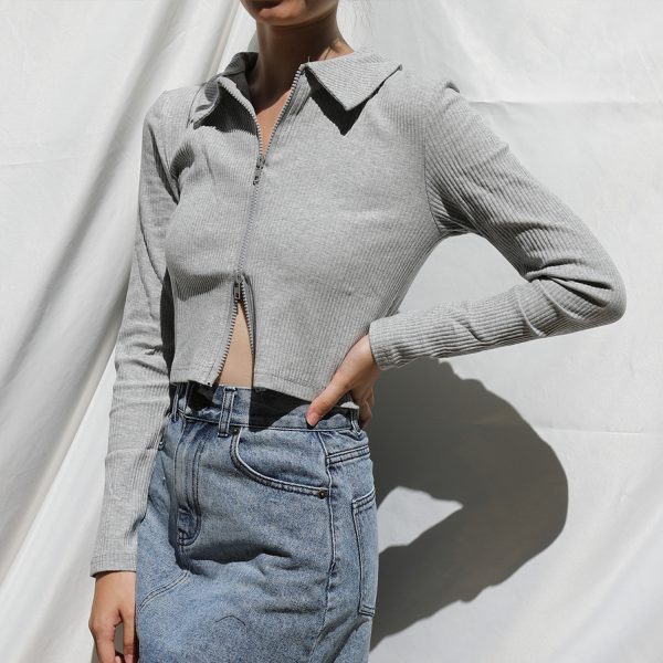 Vintage American Style High-Waisted Ribbed Long Sleeve T-Shirt Cardigan with Double-Head Zipper and Small Lapel