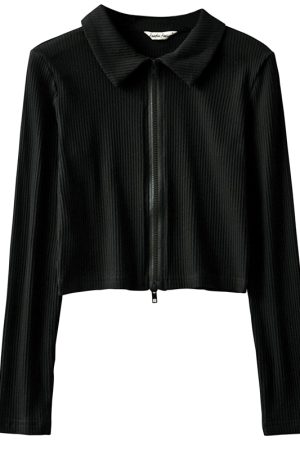 Vintage American Style High-Waisted Ribbed Long Sleeve T-Shirt Cardigan with Double-Head Zipper and Small Lapel