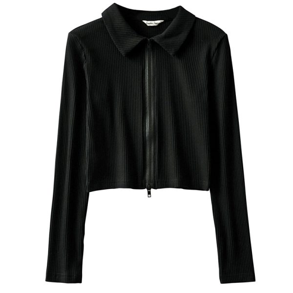 Vintage American Style High-Waisted Ribbed Long Sleeve T-Shirt Cardigan with Double-Head Zipper and Small Lapel