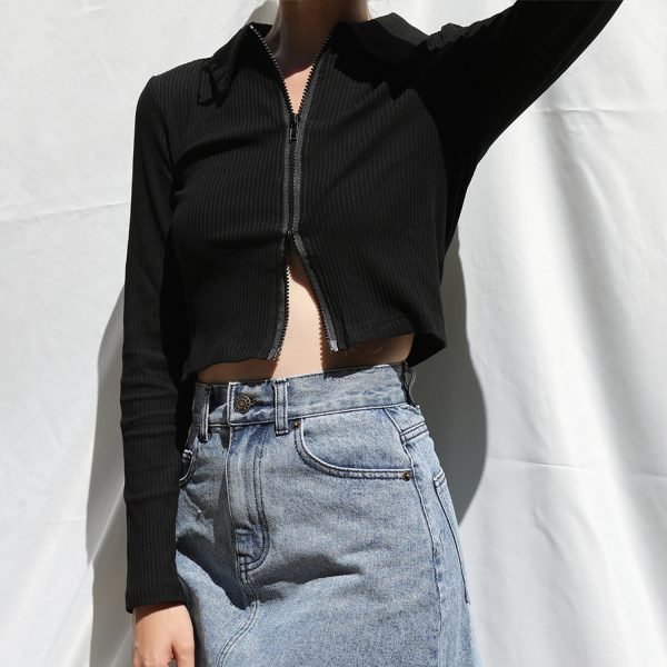 Vintage American Style High-Waisted Ribbed Long Sleeve T-Shirt Cardigan with Double-Head Zipper and Small Lapel