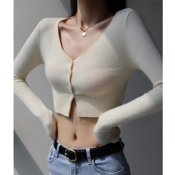 Vintage American Style Sexy V-Neck Button High-Waisted Short Cardigan for Women, Slim Fit Flattering Long Sleeve Knitted Top