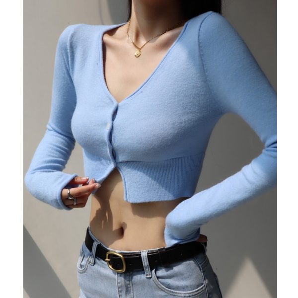 Vintage American Style Sexy V-Neck Button High-Waisted Short Cardigan for Women, Slim Fit Flattering Long Sleeve Knitted Top