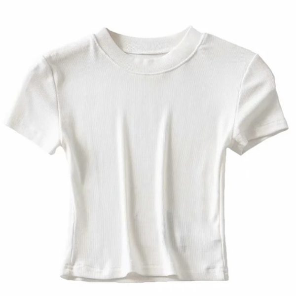Vintage American-Style Slim-Fit Cropped T-Shirt with Round Neck and Short Sleeves - Flattering High-Waisted Design for Effortless Style