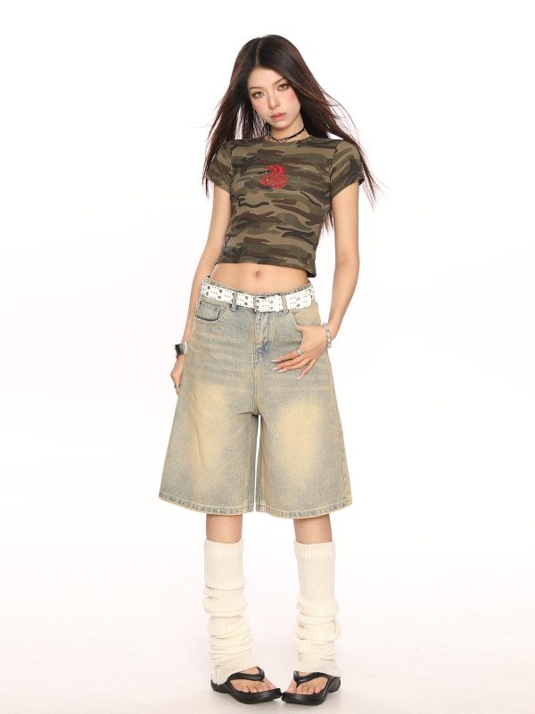 Vintage American-Style Wide-Leg Cargo Capri Pants for Women - Relaxed Fit Casual Slimming Versatile Summer Shorts