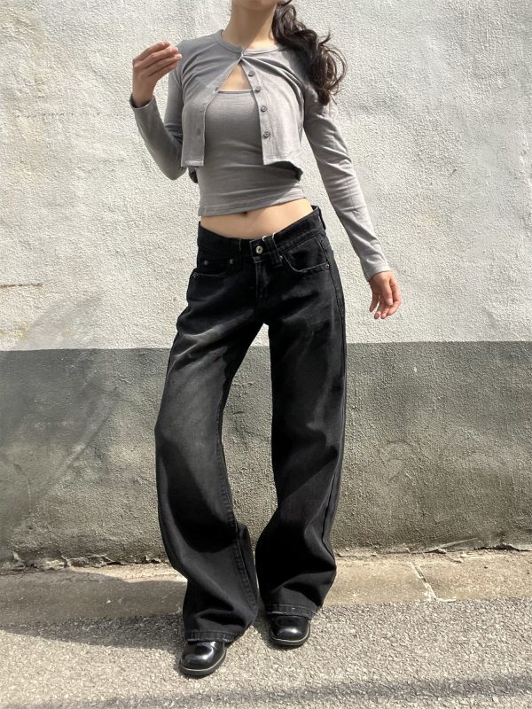 Vintage Black Washed Straight-Leg Low-Waist Slim Fit Loose Floor-Length Jeans for Women - American Style 90s Fashion