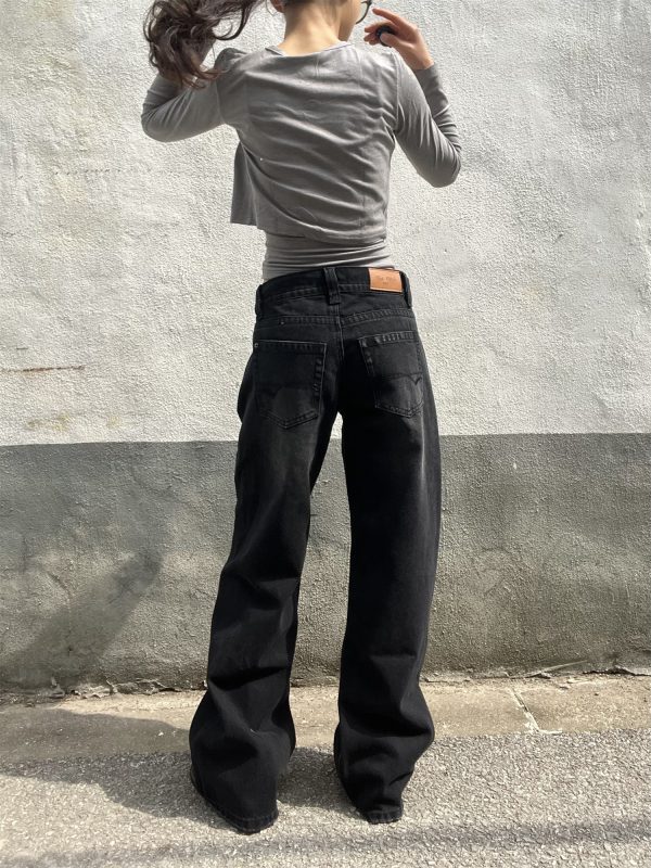 Vintage Black Washed Straight-Leg Low-Waist Slim Fit Loose Floor-Length Jeans for Women - American Style 90s Fashion
