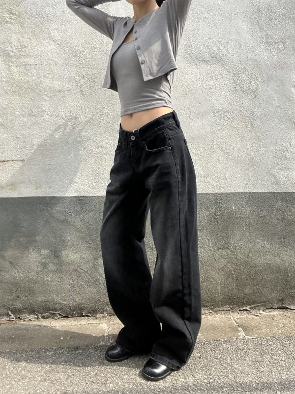 Vintage Black Washed Straight-Leg Low-Waist Slim Fit Loose Floor-Length Jeans for Women - American Style 90s Fashion