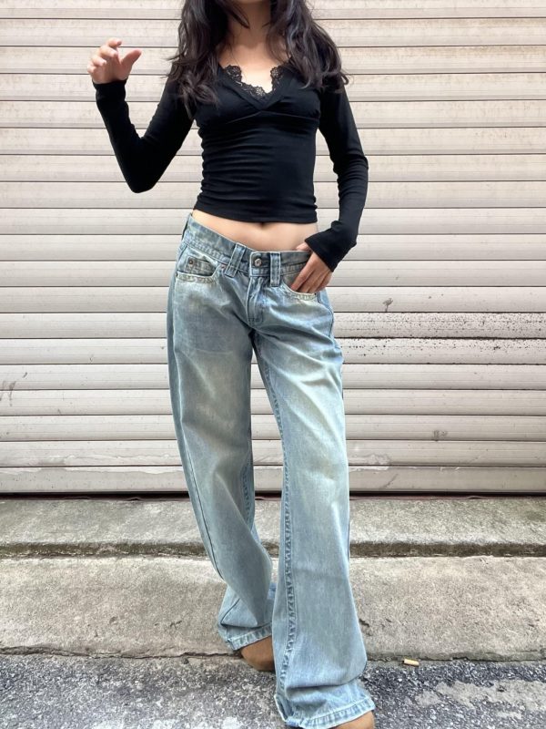 Vintage Blue Embroidered Low-Waist Straight-Leg Jeans for Women - Slim Fit Loose Floor-Length Y2K Style Pants