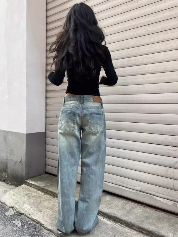 Vintage Blue Embroidered Low-Waist Straight-Leg Jeans for Women - Slim Fit Loose Floor-Length Y2K Style Pants