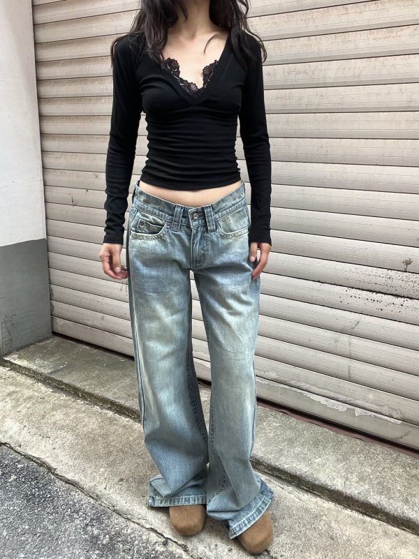 Vintage Blue Embroidered Low-Waist Straight-Leg Jeans for Women - Slim Fit Loose Floor-Length Y2K Style Pants