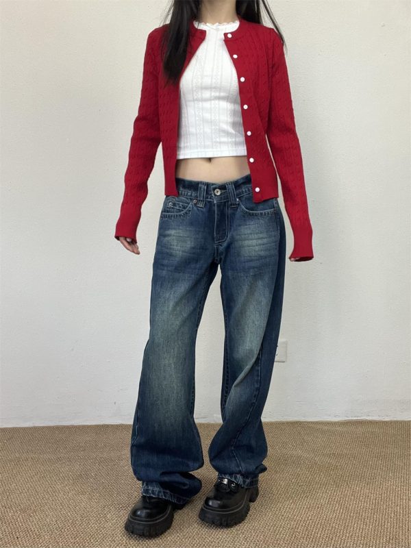 Vintage Blue Embroidered Low-Waist Straight-Leg Jeans for Women - Slim Fit Loose Floor-Length Y2K Style Pants
