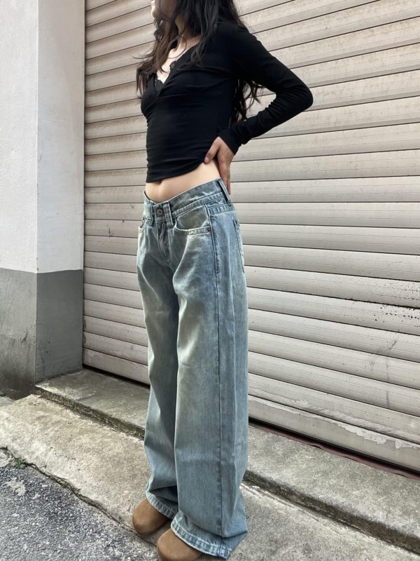 Vintage Blue Embroidered Low-Waist Straight-Leg Jeans for Women - Slim Fit Loose Floor-Length Y2K Style Pants