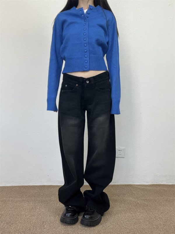 Vintage Blue Embroidered Low-Waist Straight-Leg Jeans for Women - Slim Fit Loose Floor-Length Y2K Style Pants