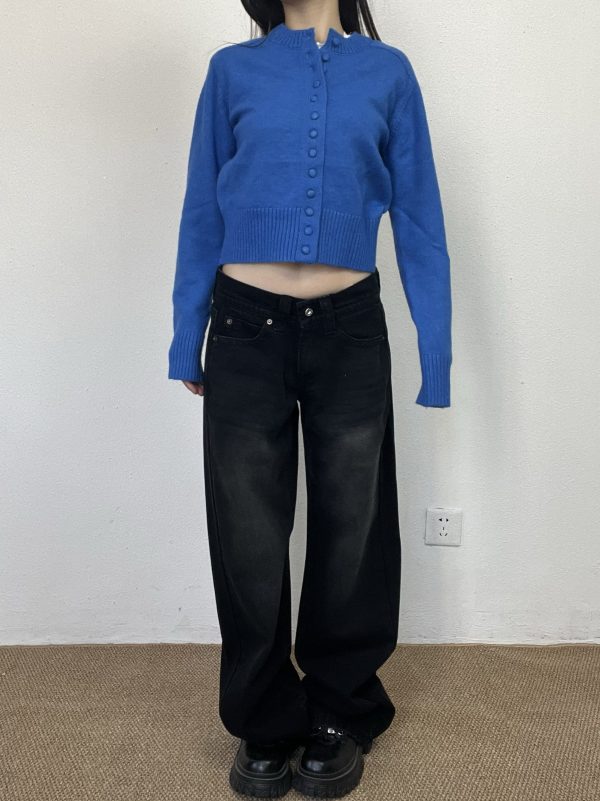 Vintage Blue Embroidered Low-Waist Straight-Leg Jeans for Women - Slim Fit Loose Floor-Length Y2K Style Pants