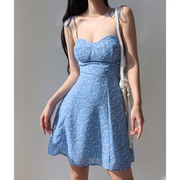 Vintage Blue Lace-Up Floral Slip Dress - A-Line Waist-Cinching Design for a Slimming Effect, Perfect for Vacation and Summer Outings