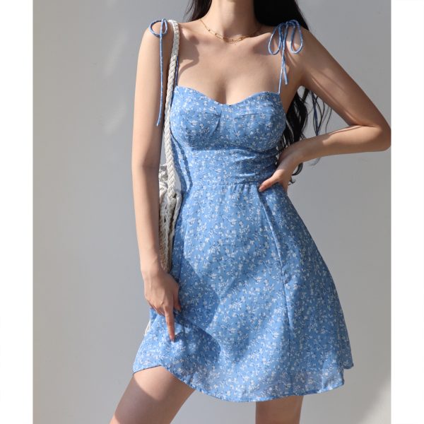 Vintage Blue Lace-Up Floral Slip Dress - A-Line Waist-Cinching Design for a Slimming Effect, Perfect for Vacation and Summer Outings