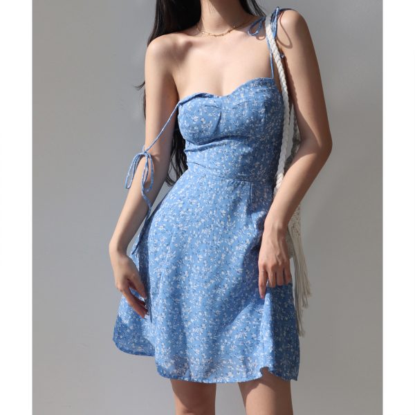 Vintage Blue Lace-Up Floral Slip Dress - A-Line Waist-Cinching Design for a Slimming Effect, Perfect for Vacation and Summer Outings