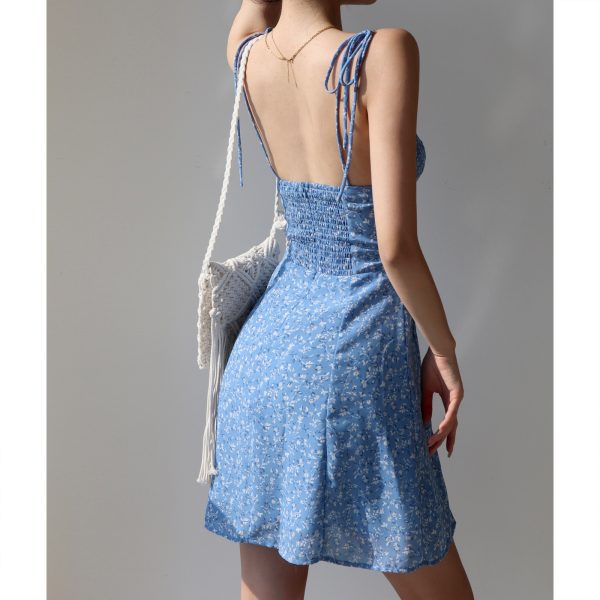 Vintage Blue Lace-Up Floral Slip Dress - A-Line Waist-Cinching Design for a Slimming Effect, Perfect for Vacation and Summer Outings