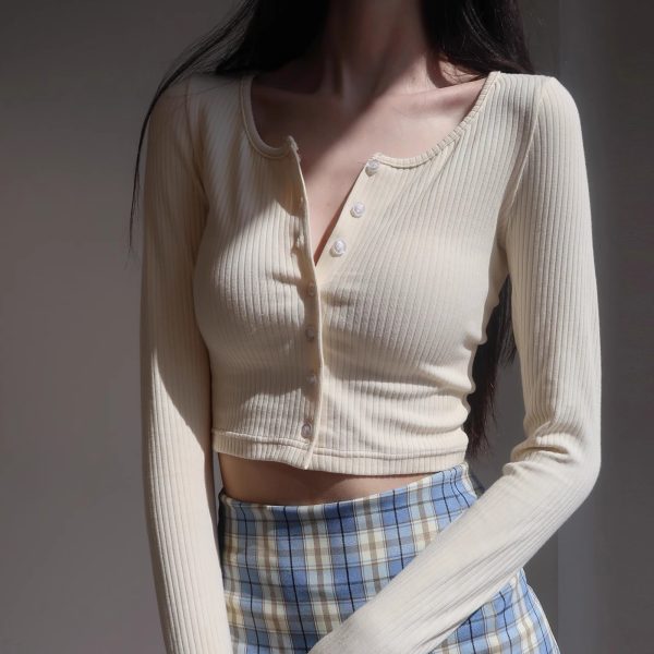 Vintage Blue Long Sleeve Cardigan with Round Neck and Button Detail, High Waist Cropped Slim Fit T-Shirt for Women